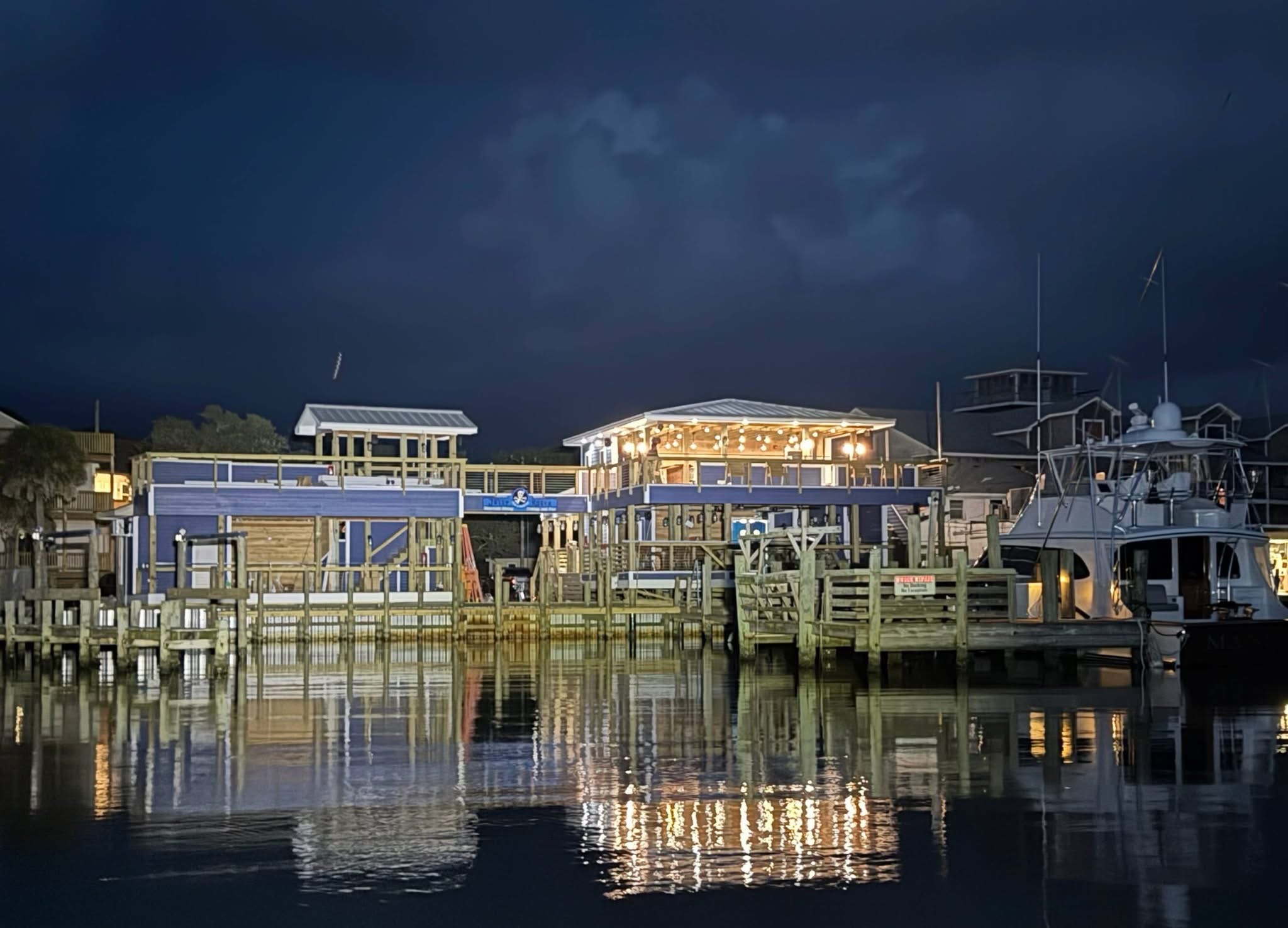 The Jolly Roger Pub & Marina waterfront restaurant at night